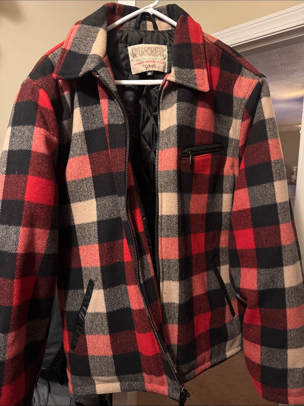 Schott NYC Red Black & Cream Plaid Wool Jacket